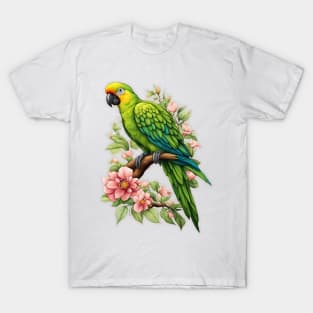 Green Parrot on a tree branch flowers T-Shirt